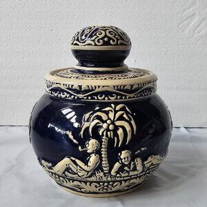 ANTIQUE VTG German Tobacco Pottery Jar With Lid 1879-1964 Cobalt Blue Marzi Remy